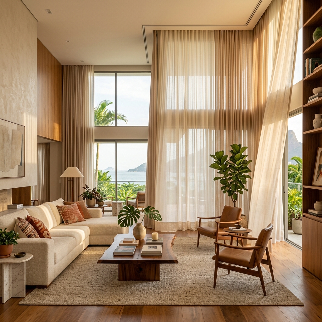 Sala de Estar Contemporânea com Cortinas Elegantes